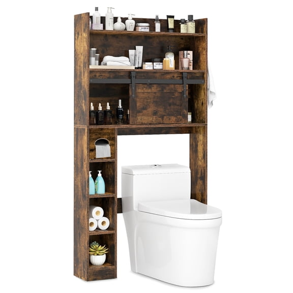 Gymax Over The Toilet Storage Cabinet w/ Sliding Barn Door Adjustable Shelves 2 Hooks Rustic Brown