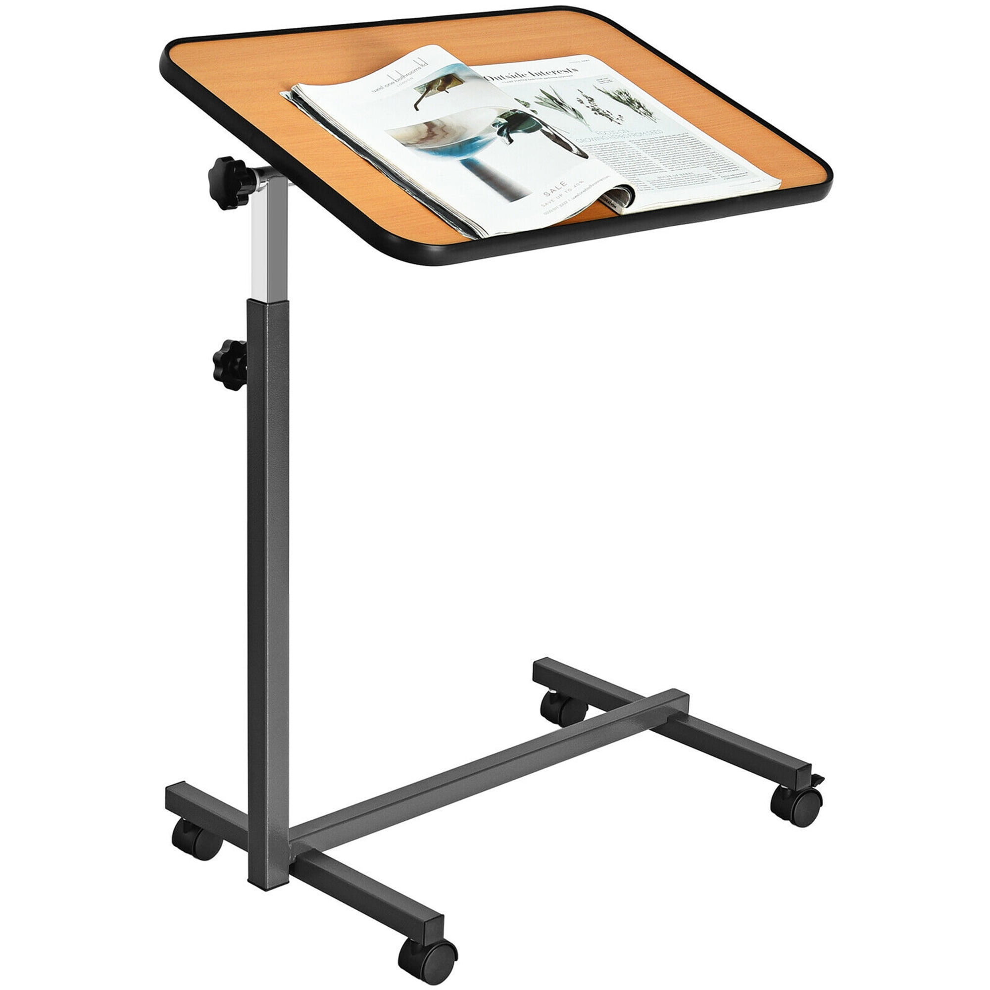 Gymax Overbed Rolling Laptop Food Tray Desk Tilting Top Natural