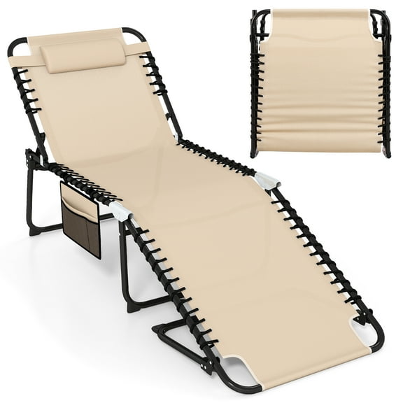 Gymax Oversize Folding Chaise Lounge w/ Adjustable Backrest Detachable Pillow Pocket Beige