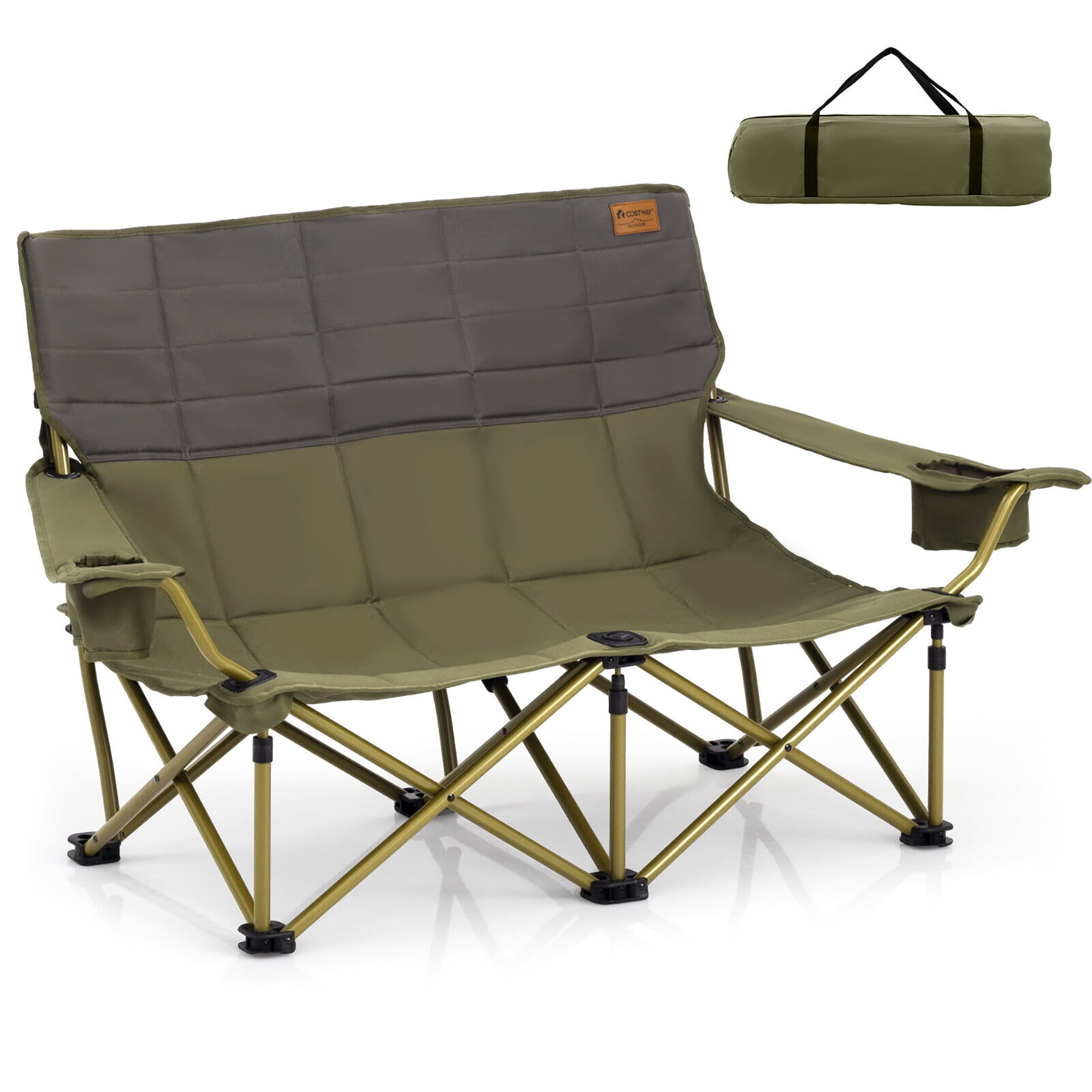 Gymax Oversized Camping Chair Folding Loveseat Camping Couch w/ Cup Holders \u0026 Padding Green