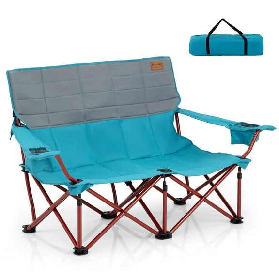 Gymax Oversized Camping Chair Folding Loveseat Camping Couch w/ Cup Holders & Padding