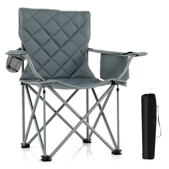 Gymax Oversized Camping Chairs Heavy Duty Outdoor Folding Chair w/Cooler Pouch Gray