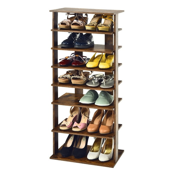 Gymax Patented 7-Tier Double Shoe Rack Free Standing Shelf Storage Tower Rustic Brown