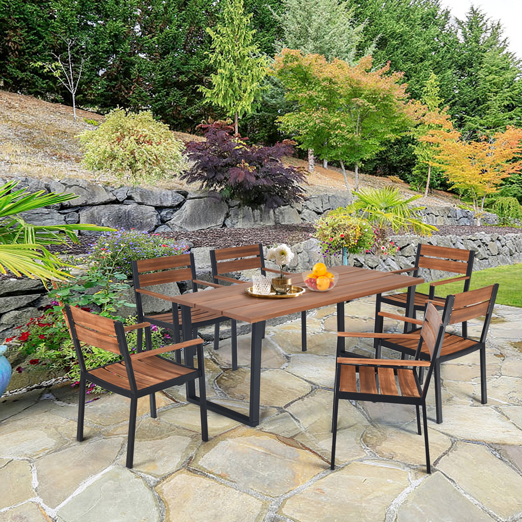 Gymax 7PCS Outdoor Dining Set for Backyard, Deck with Table, 6