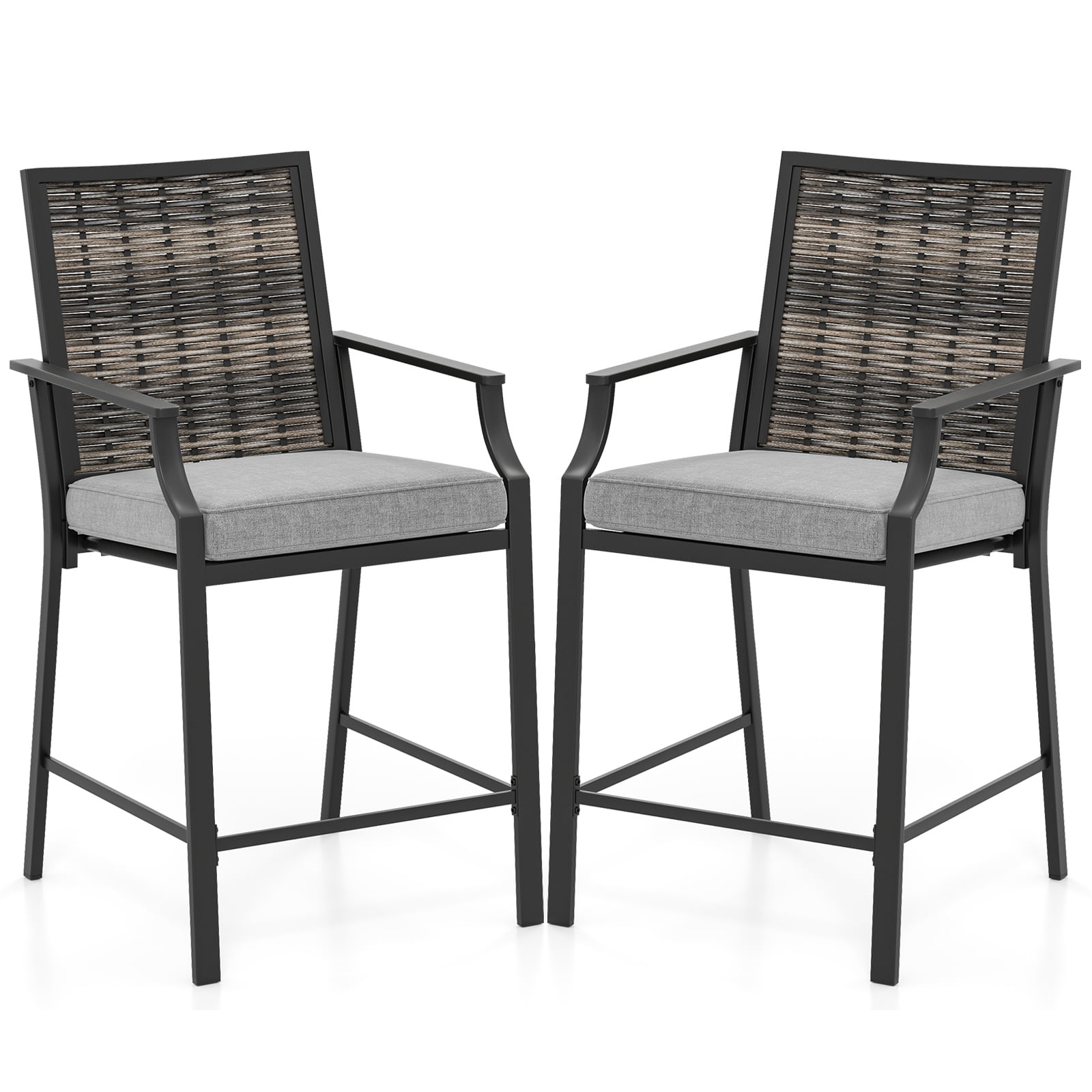 Gymax Patio Bar Stools Set of 2 w/ Armrest Fabric Seat & Heavy-Duty Metal Frame