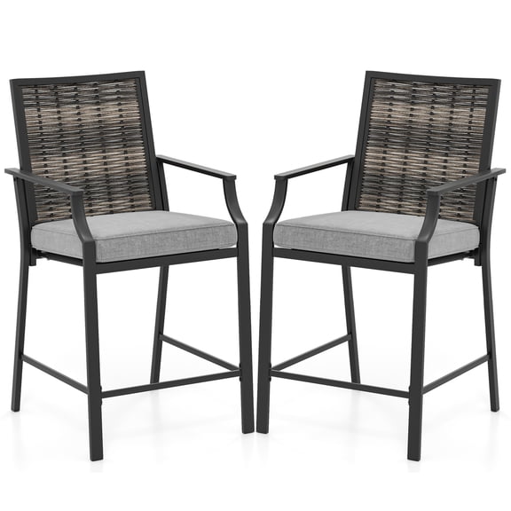 Gymax Patio Bar Stools Set of 2 w/ Armrest Fabric Seat & Heavy-Duty Metal Frame