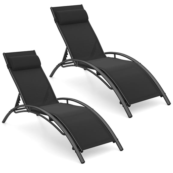 Gymax Patio Chaise Lounges Set of 2 w/5-Position Backrest & Breathable Seat Fabric Black