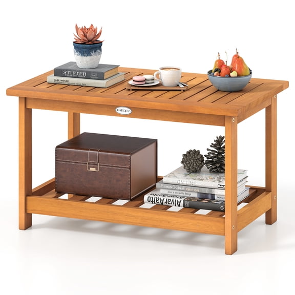 Gymax Patio Coffee Table Outdoor Acacia Slatted Coffee Table w/ Slatted Tabletop