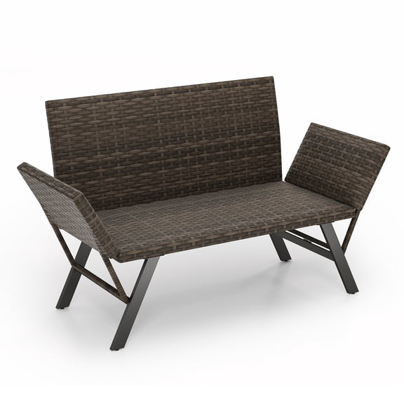 Gymax Patio Convertible Sofa for 2 w/ Adjustable Armrests Metal Frame Wicker Couch Outdoor