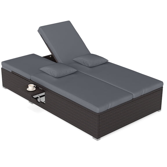 Gymax Patio Daybed PE Wicker Double Chaise Lounge w/ Adjustable Backrests Outdoor Gray