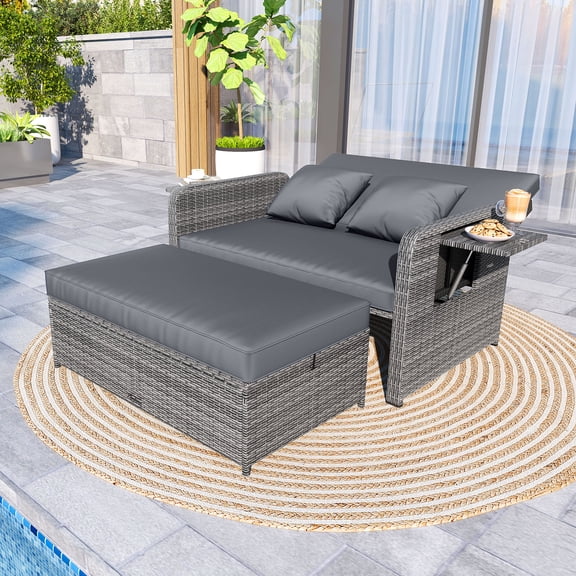 Gymax Patio Daybed Set Rattan Loveseat Sofa Set w/ Adjustable Backrest Gray Cushions