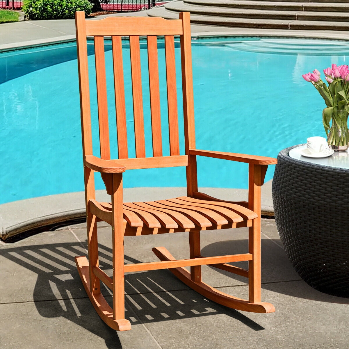 Gymax Patio Deck Outdoor Eucalyptus Single Rocker Garden Chair Natural
