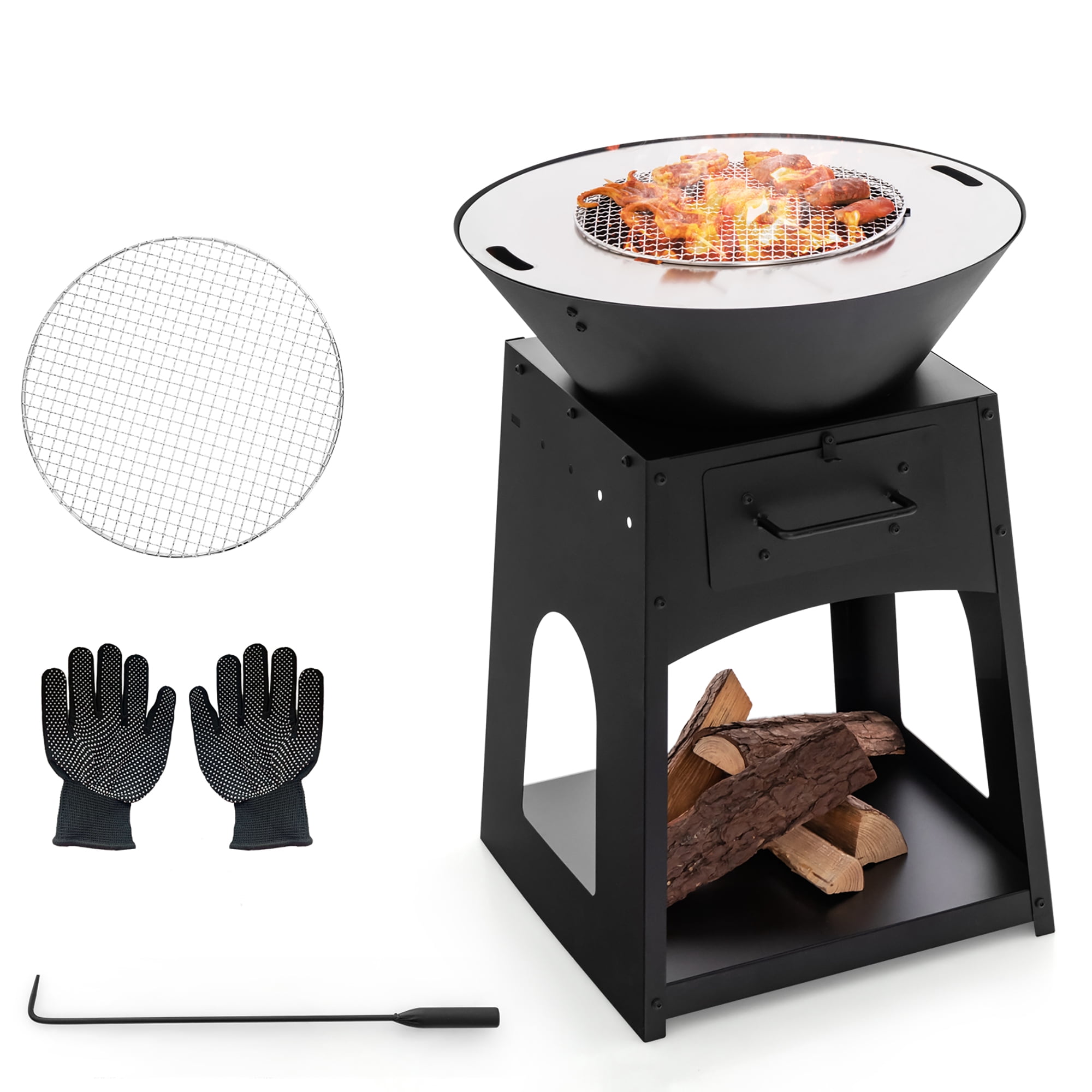 Burning Log Rack Gymax Patio Fire Pit w/ Firewood Log Rack Outdoor Wood Burning ...