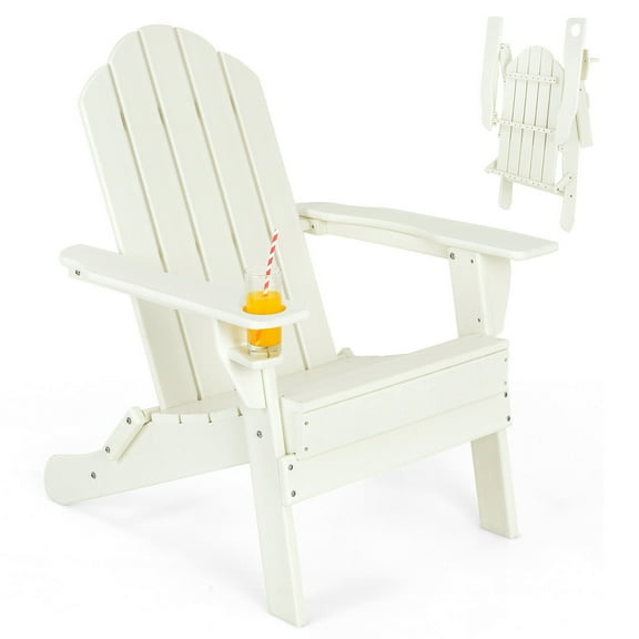 Gymax Patio Folding Adirondack Chair Weather Resistant Cup Holder Yard White
