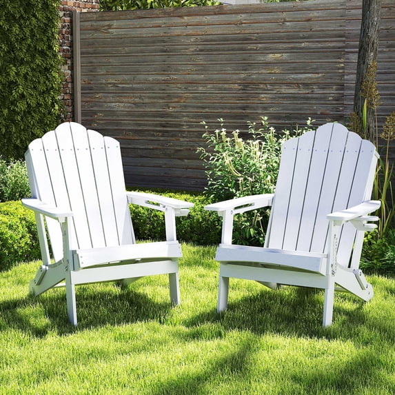Gymax Patio Folding Adirondack Chair Weather Resistant Cup Holder Yard White