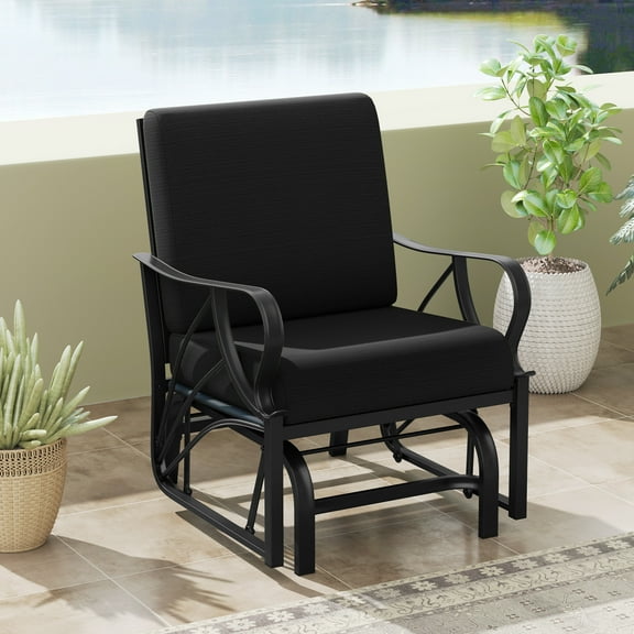 Gymax Patio Glider Chair Single Outdoor Rocking Chair w/ Seat & Back Cushions Black