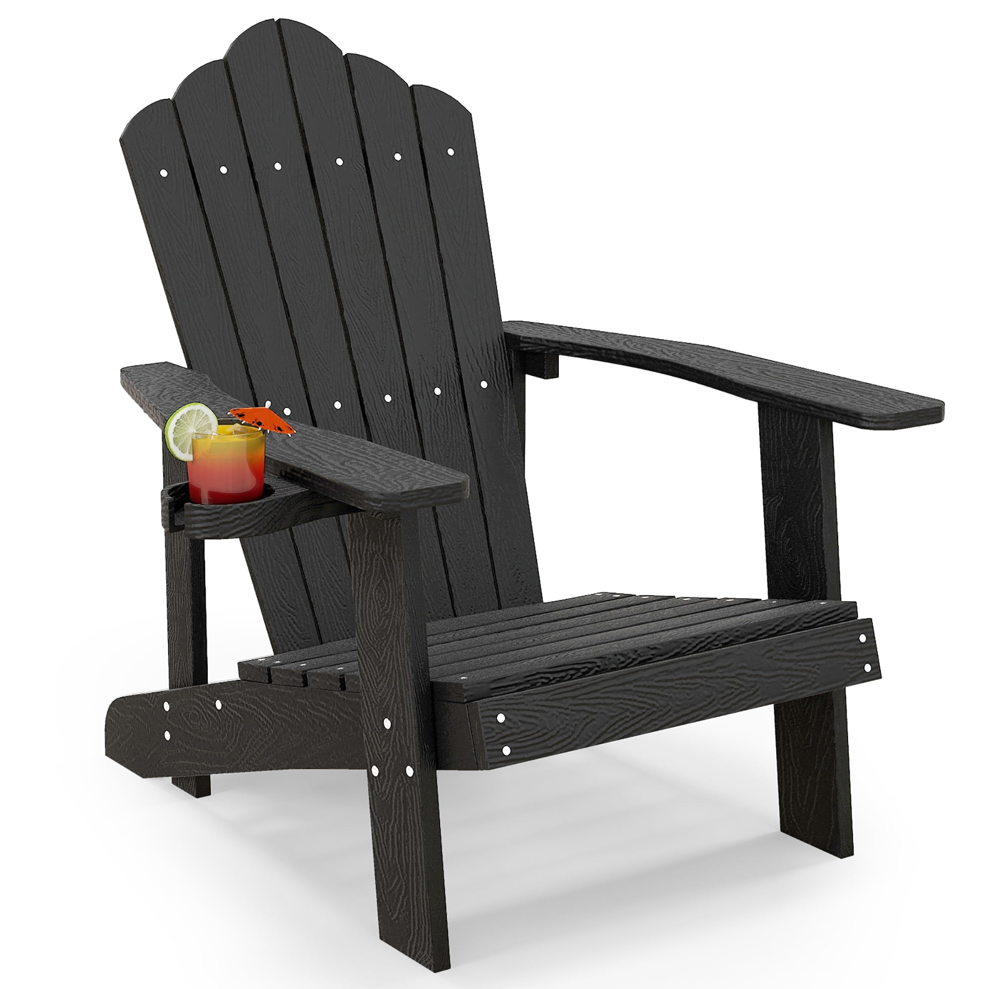 Gymax Patio HIPS Outdoor Weather Resistant Slatted Chair Adirondack Chair w/ Cup Holder Black