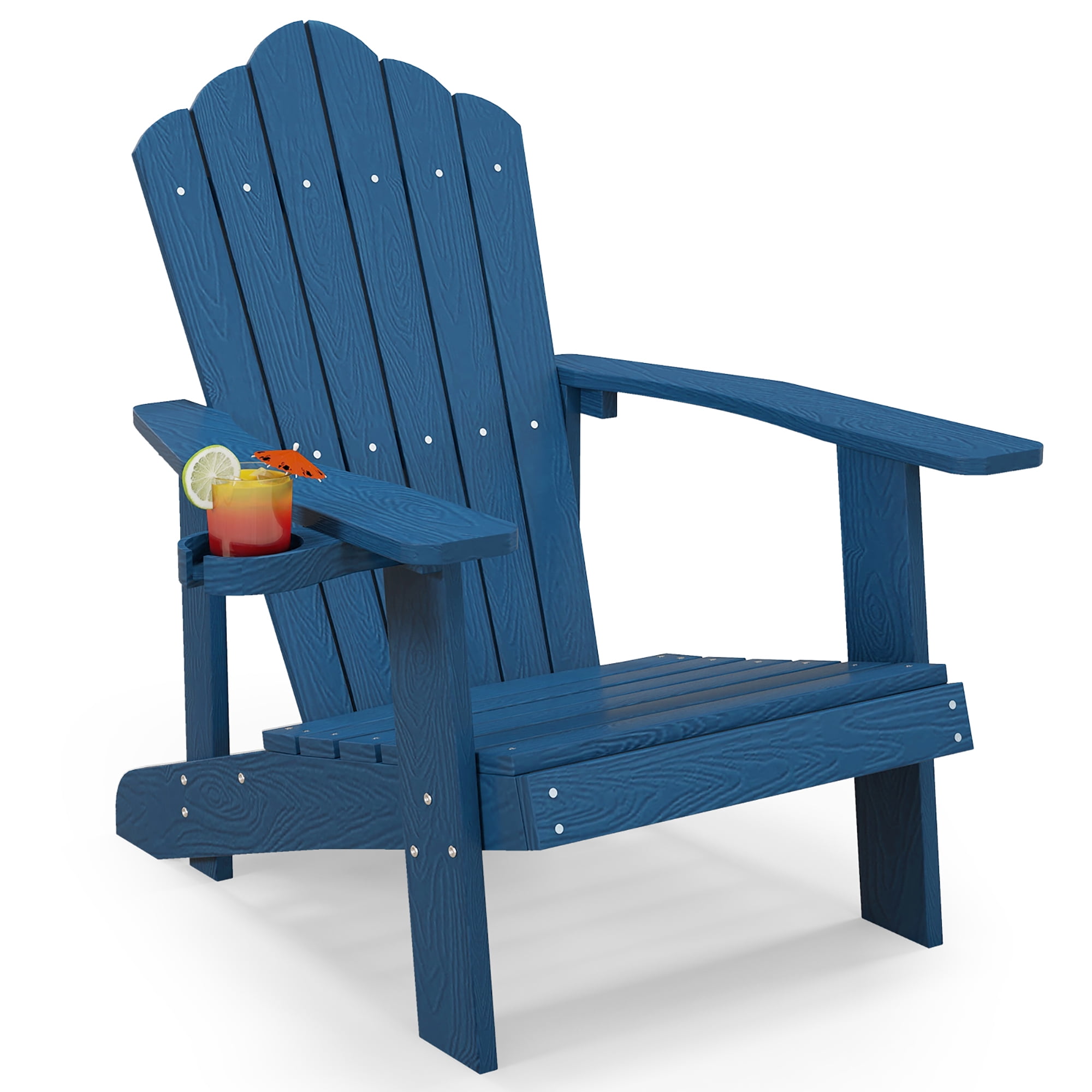 Gymax Patio HIPS Outdoor Weather Resistant Slatted Chair Adirondack Chair w/ Cup Holder Navy