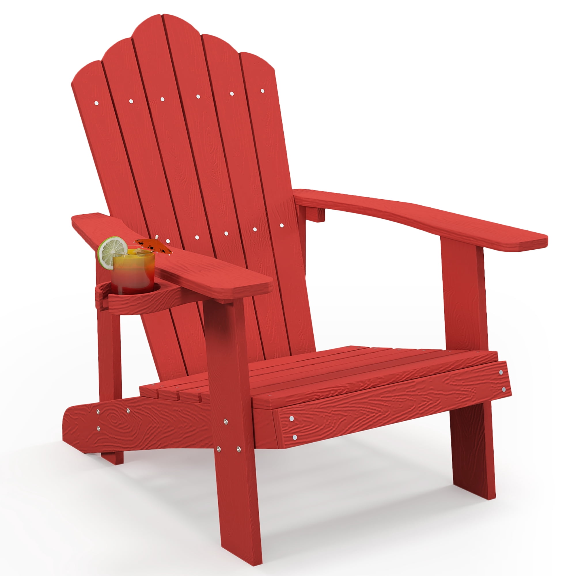 Gymax Patio HIPS Outdoor Weather Resistant Slatted Chair Adirondack Chair w/ Cup Holder Red