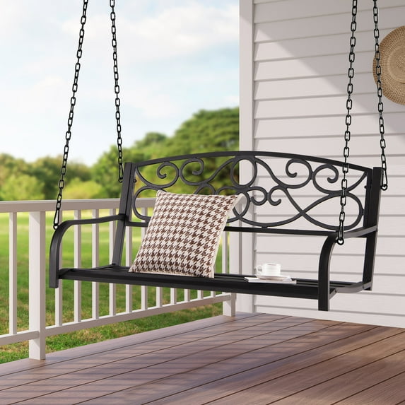 Gymax Patio Hanging Porch Swing Outdoor 2-Person Metal Swing Bench Chair w/ Chains Brown