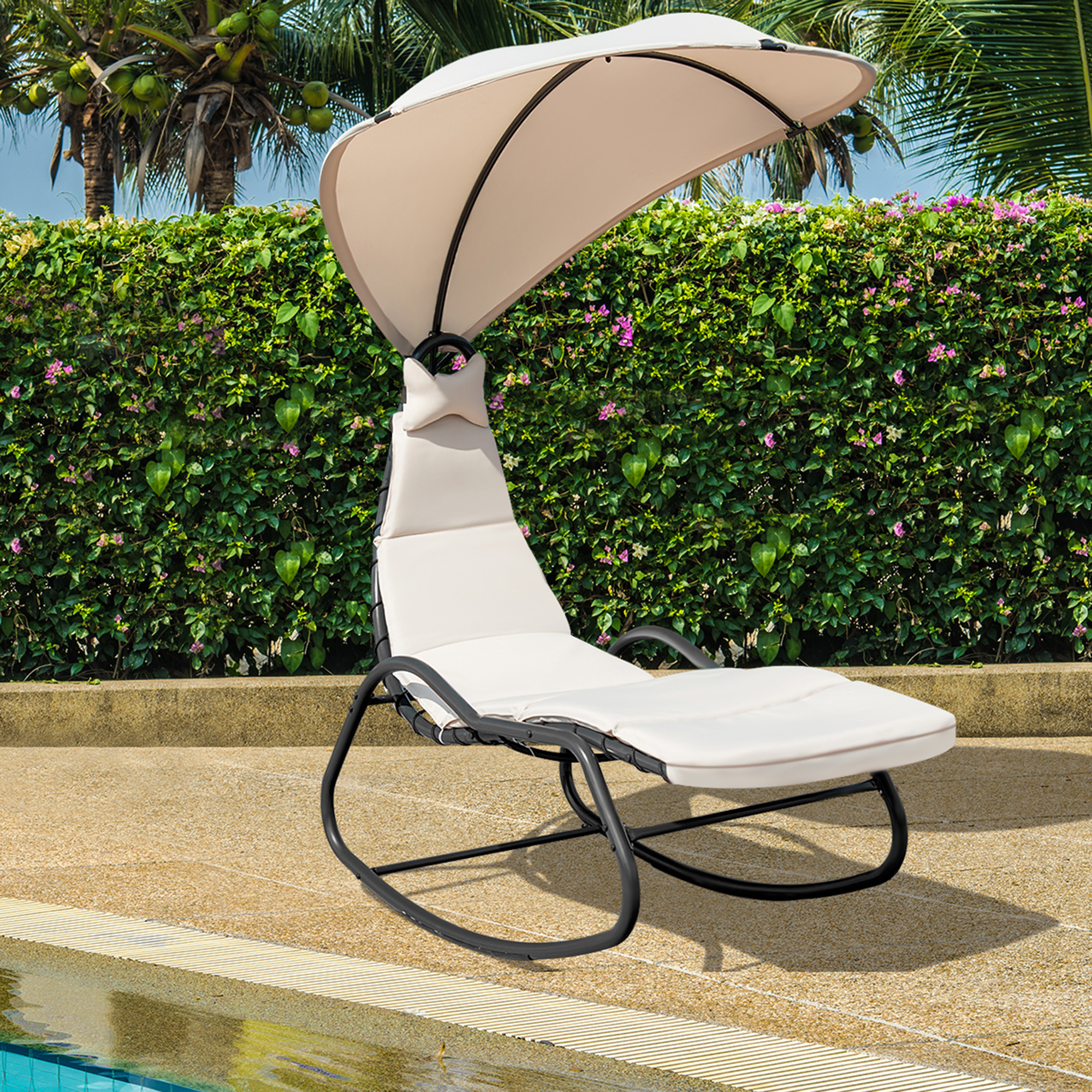 Gymax Patio Lounge Chair Chaise Garden Yard w/ Steel Frame Cushion Canopy Beige - image 1 of 10
