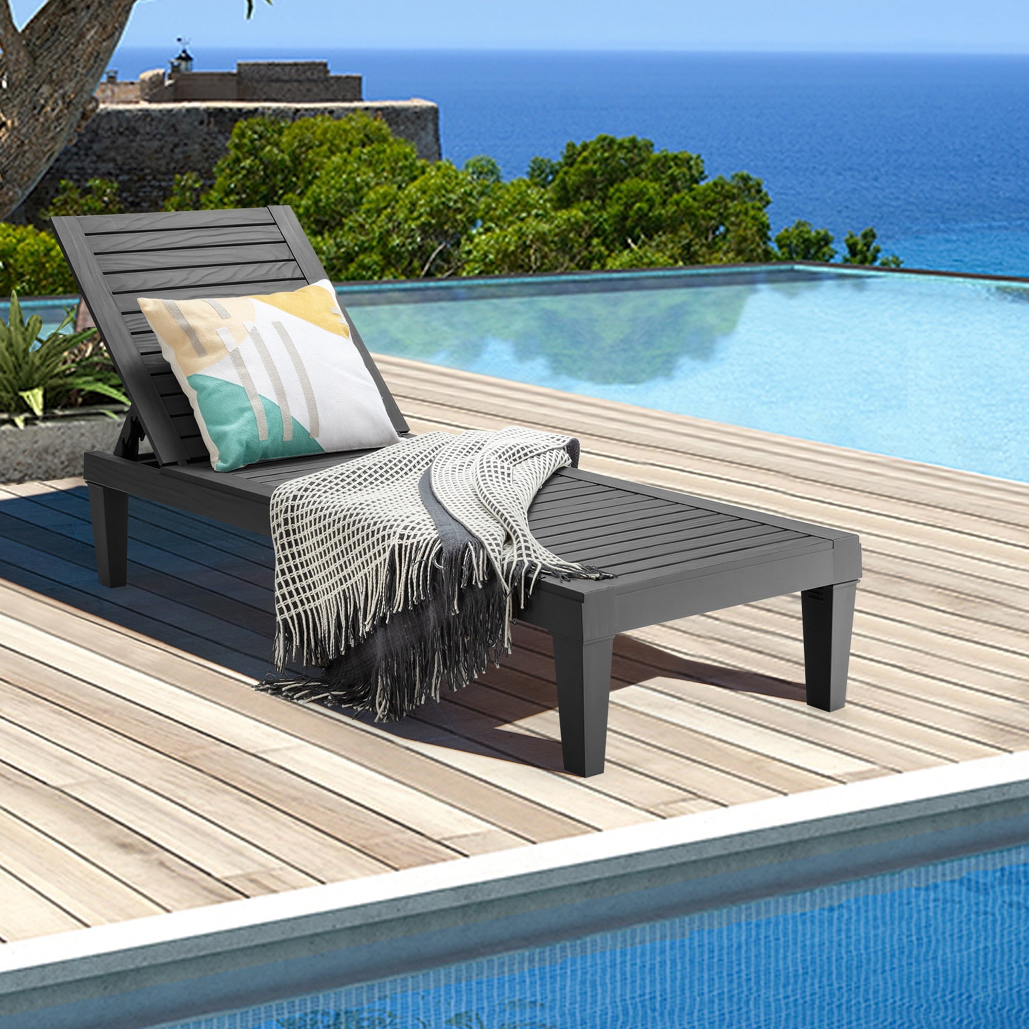 Gymax Reclining Plastic Pool Patio Outdoor Chaise 