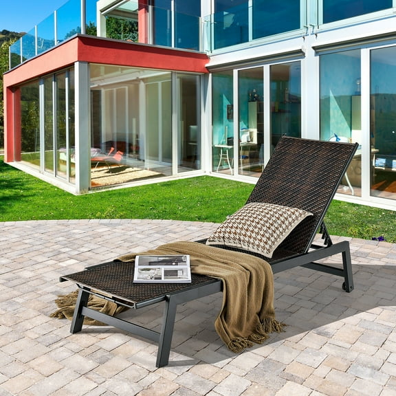 Gymax Patio PE Rattan Chaise Lounge Outdoor Recliner w/ 5-Level Backrest Backyard Poolside