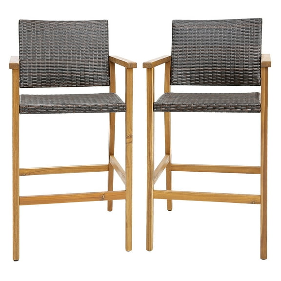 Gymax Patio Rattan Bar Stool Set of 2 Outdoor PE Wicker Bar Chairs w/ Armrests & Sturdy Footrests