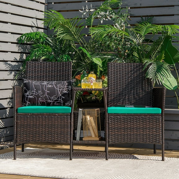 Gymax Patio Rattan Conversation Furniture Set w/ Loveseat Glass Coffee Table & Cushions Turquoise
