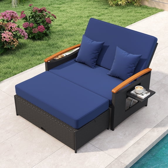 Gymax Patio Rattan Daybed Set w/Cushioned Loveseat & Storage Ottoman for Porch Outdoor Navy