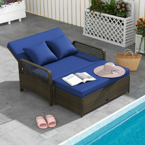 Gymax Patio Rattan Daybed Wicker Loveseat Sofa w/ Multifunctional Ottoman Navy