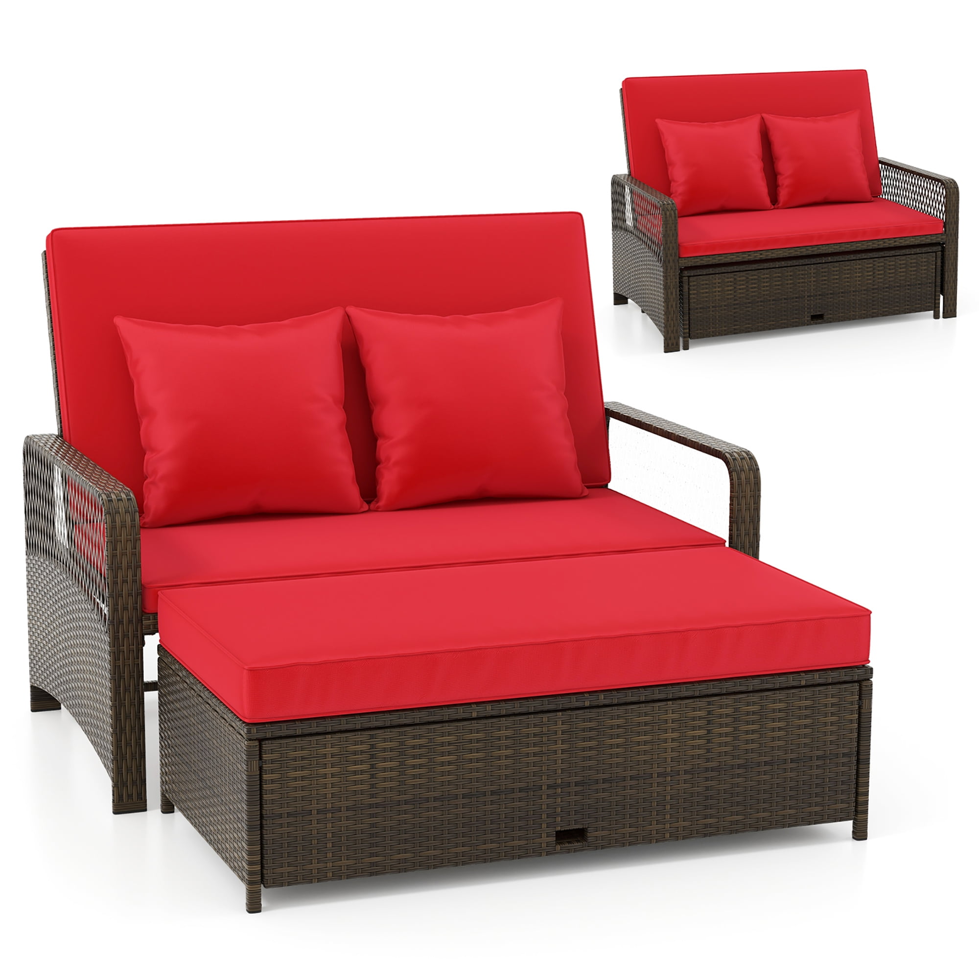 Red Adjustable Rattan Loveseat with Multifunctional Ottoman
