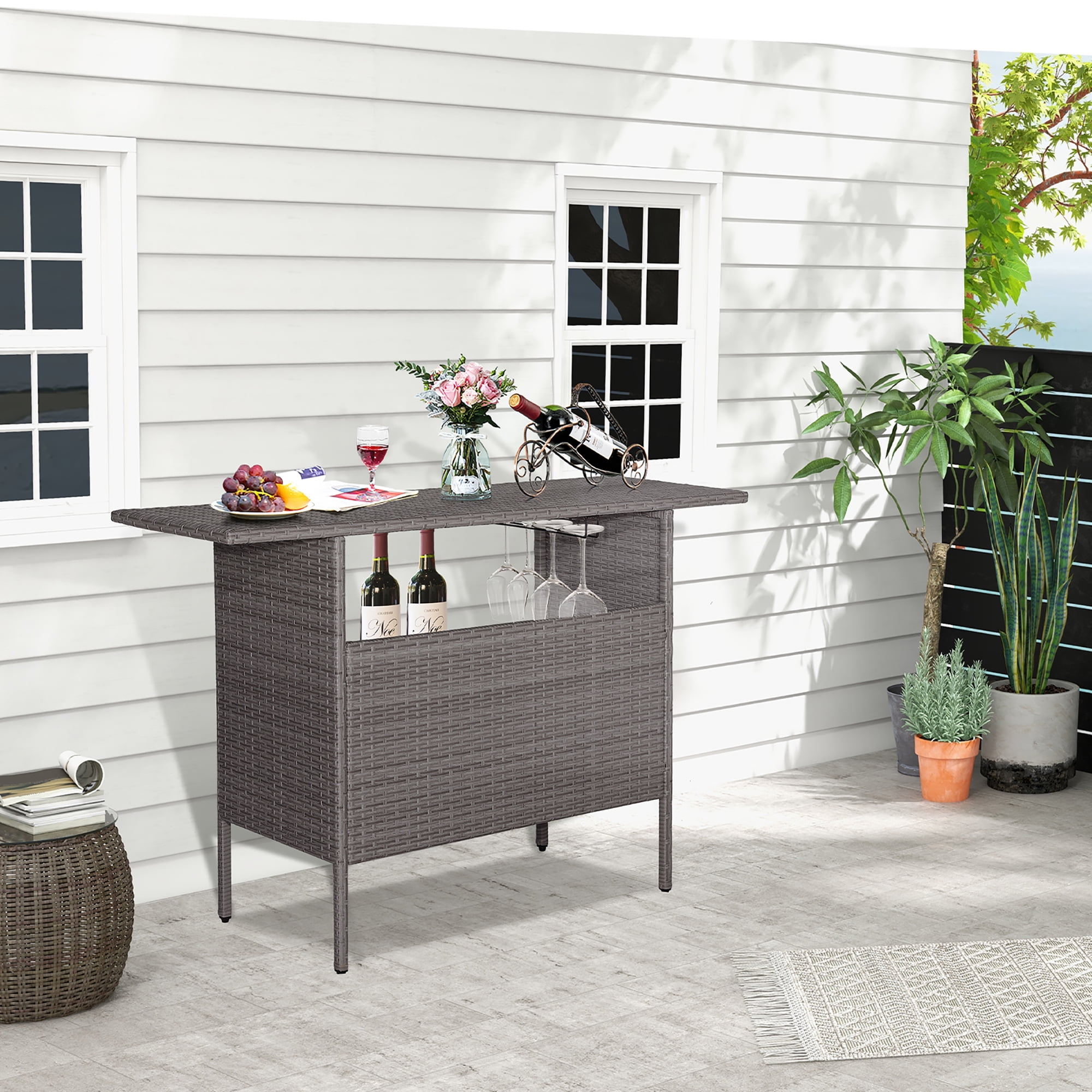 Gymax Outdoor Patio Wicker Bar Height Table with Storage Shelf ...