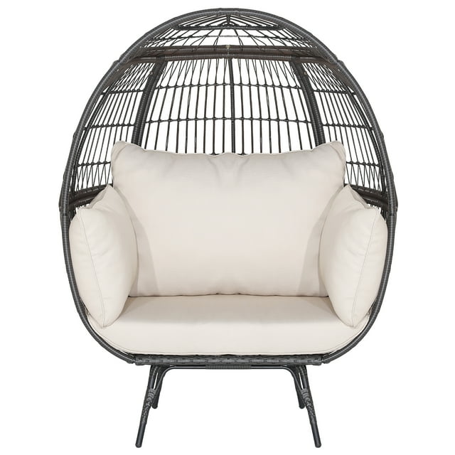Gymax Patio Rattan Wicker Lounge Chair Oversized Outdoor Metal Frame Egg Chair w/ 4 Cushions