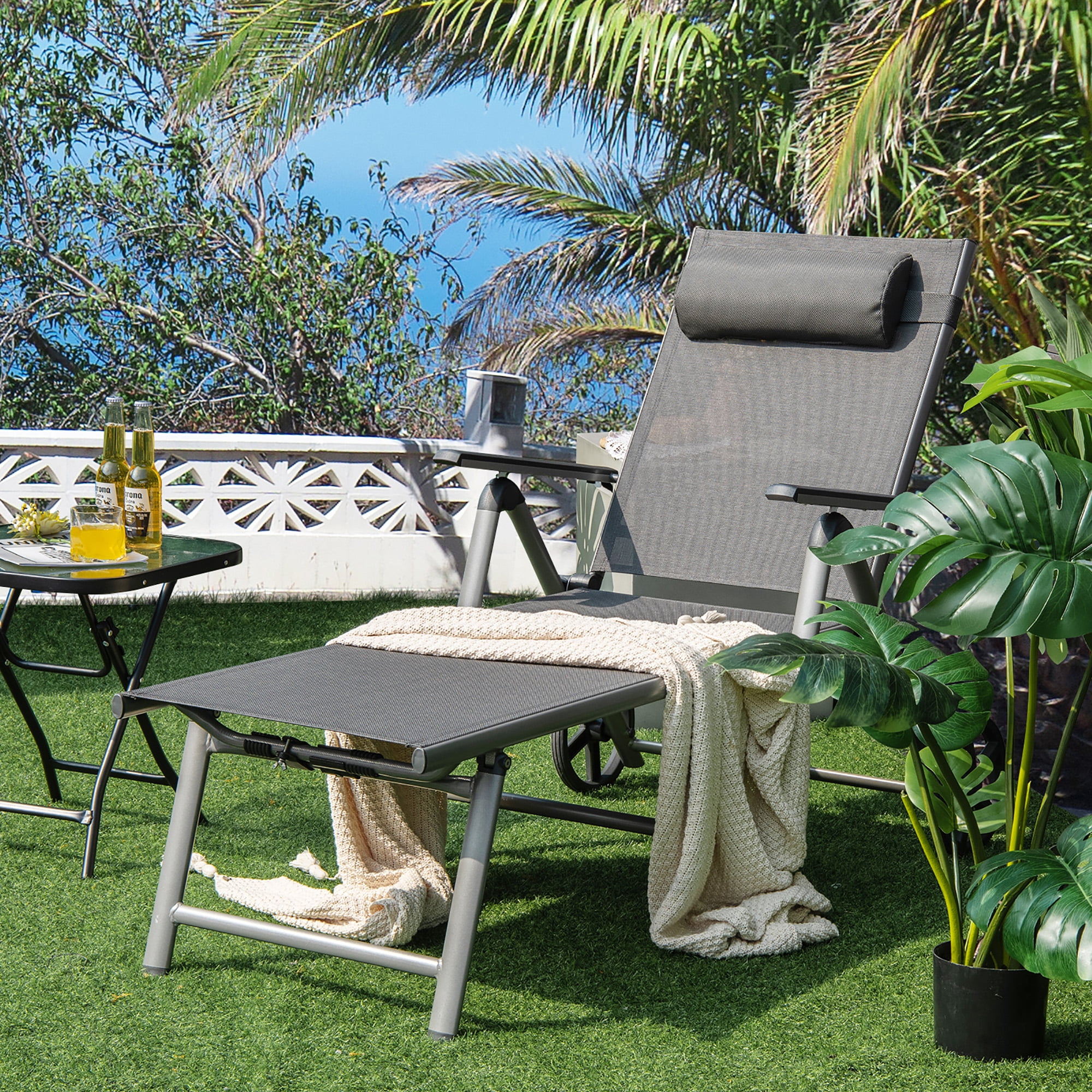 Gymax Patio Recliner Chair Outdoor Adjustable Folding Chaise Lounge Chair w 2 Wheels Walmart Business Supplies