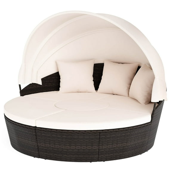 Gymax Patio Round Daybed PE Rattan Cushioned Sectional Seating w/ Retractable Canopy Outdoor