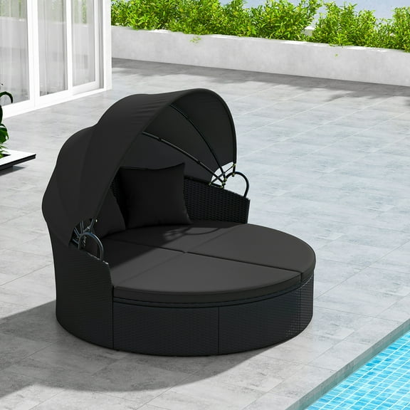 Gymax Patio Round Daybed Wicker Daybed w/ Retractable Canopy Separated Seating Sectional Sofa Black