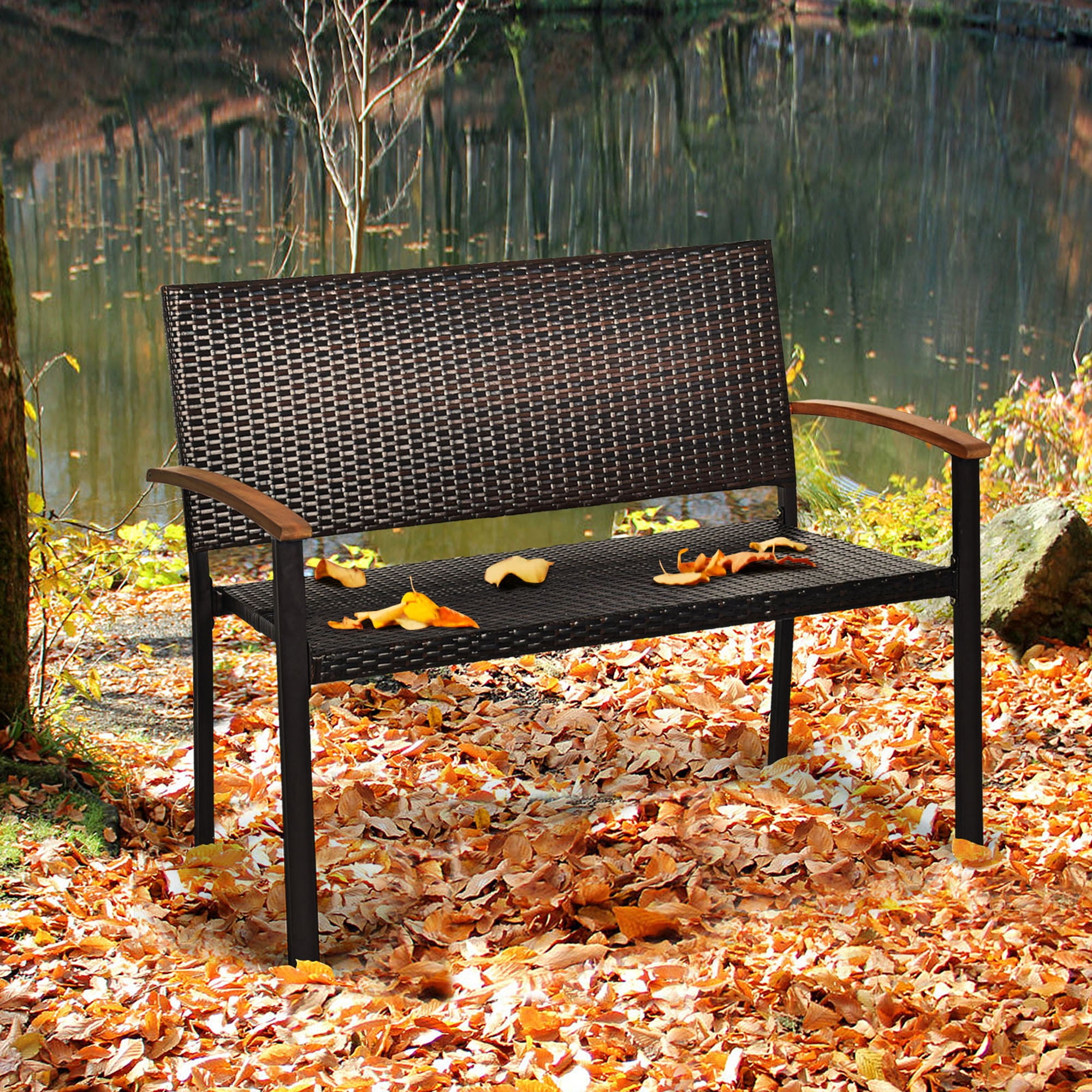 Gymax Patio Wicker Bench All Weather Rattan Chair Loveseat w Acacia Armrest