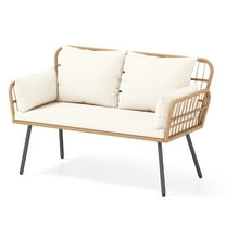 Gymax Patio Wicker Loveseat Furniture w/Seat Back Cushions Heavy-Duty Metal Legs Outdoor White