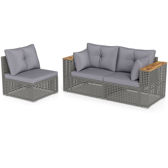 Gymax Patio Wicker Sectional Furniture 3 PCS Piece Outdoor Couch Set for Garden Gray