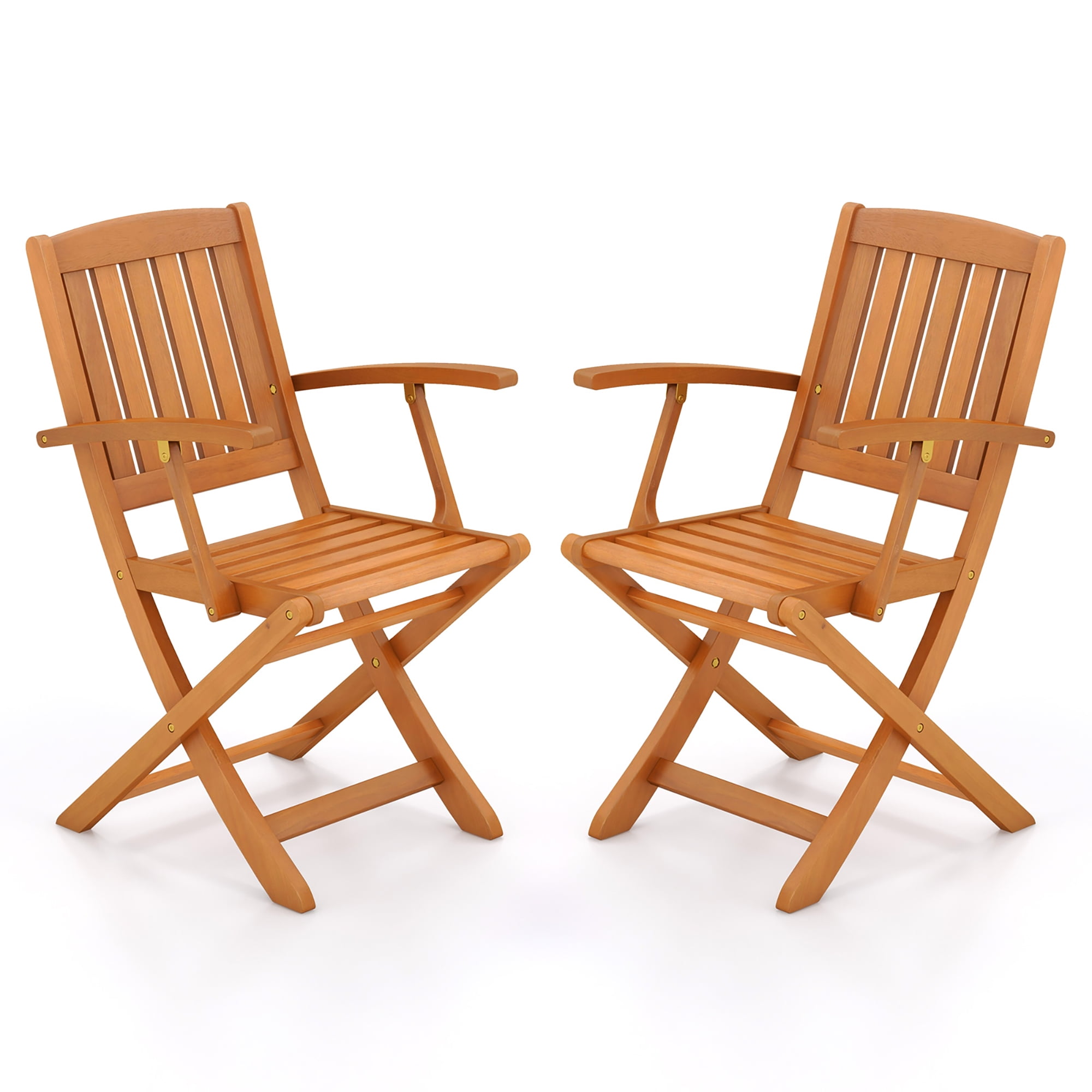 Natural Eucalyptus Wood Folding Dining Chairs with Armrests, Set of 2