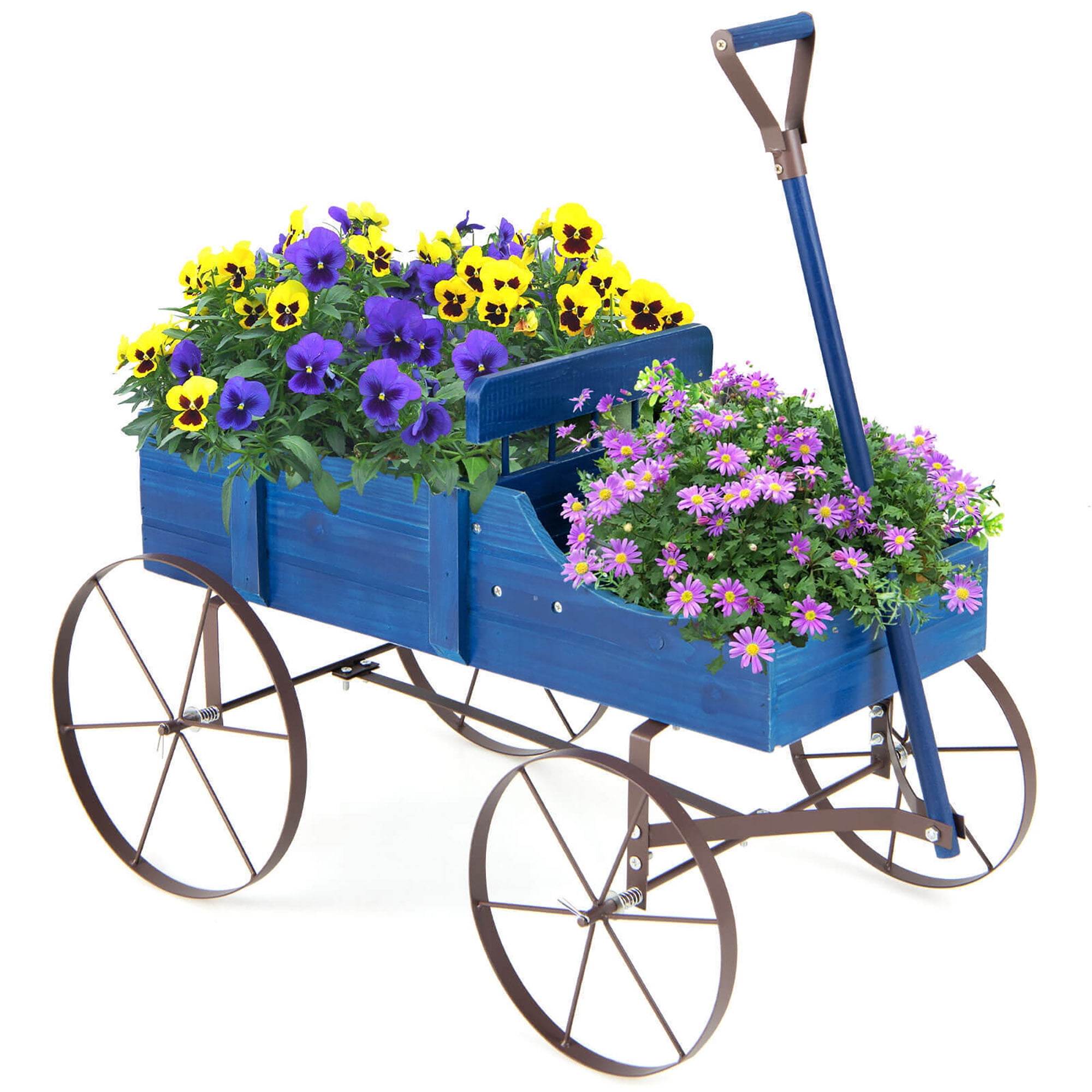 Gymax Wooden Garden Flower Planter Wagon Plant Bed W/ Wheel Garden Yard Blue