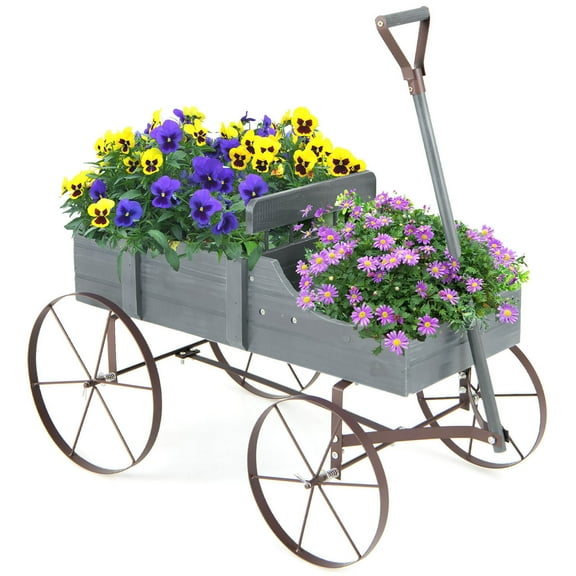 Gymax Patiojoy Wooden Garden Flower Planter Wagon Plant Bed W/ Wheel Garden Yard Gray