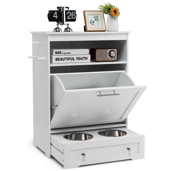 Gymax Pet Feeding Station Furniture w/ Double Pull Out Dog Bowl Food Cabinet White
