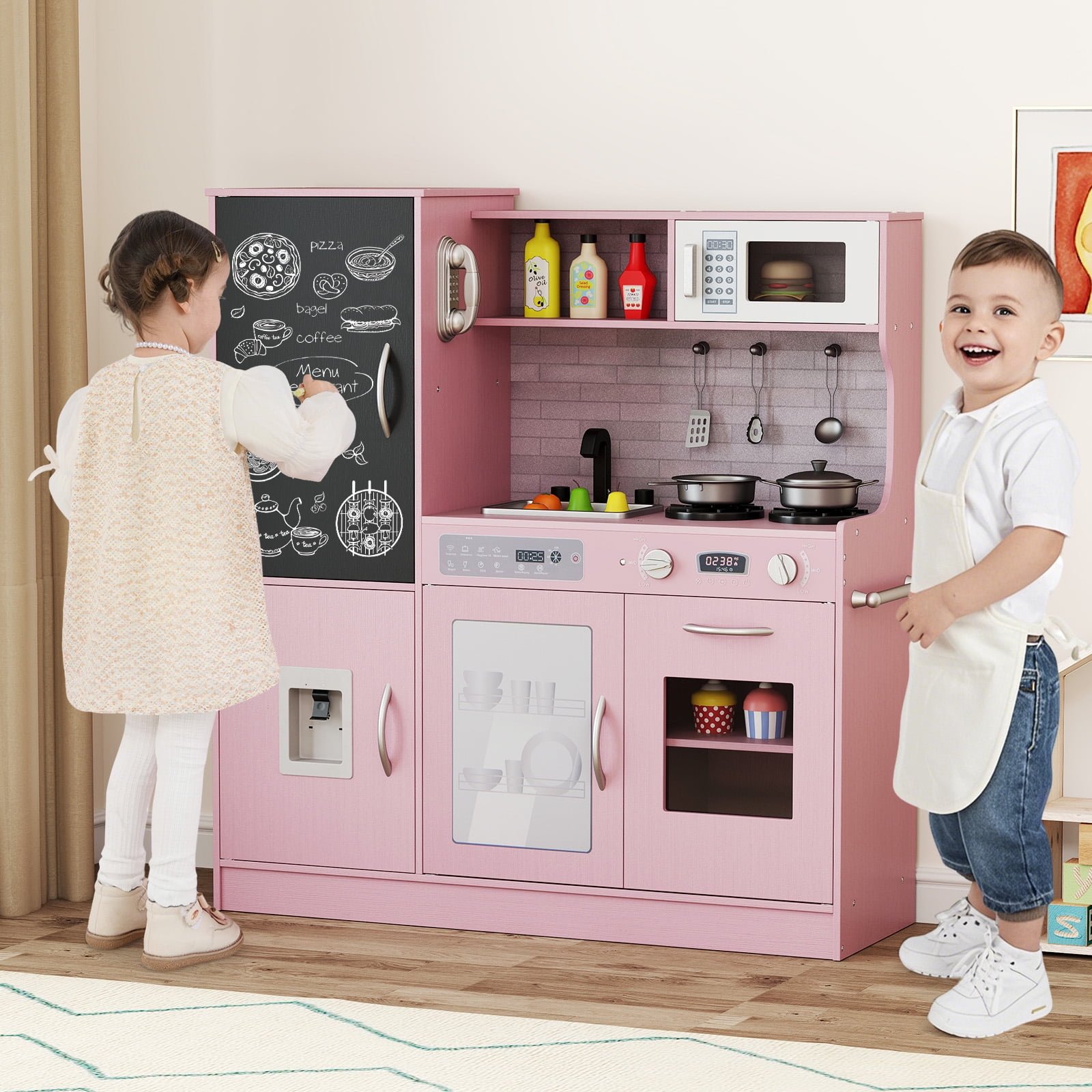 Gymax Play Kitchen Toy Set w/ Chalkboard Oven Sink Curtain
