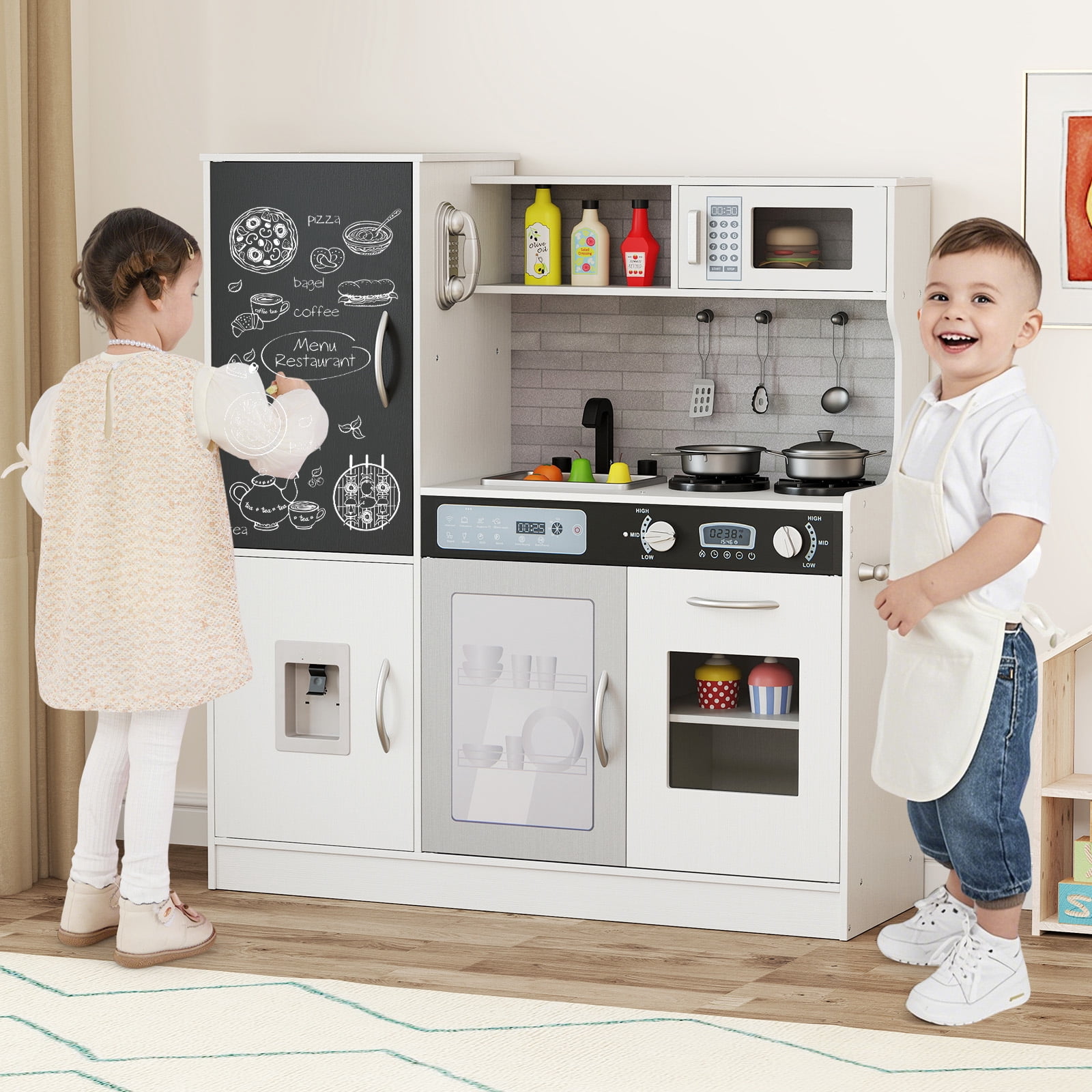 キッチン家電 Sorabin Gymax Play Kitchen Toy Set w/ Chalkboard Oven Sink Curtain