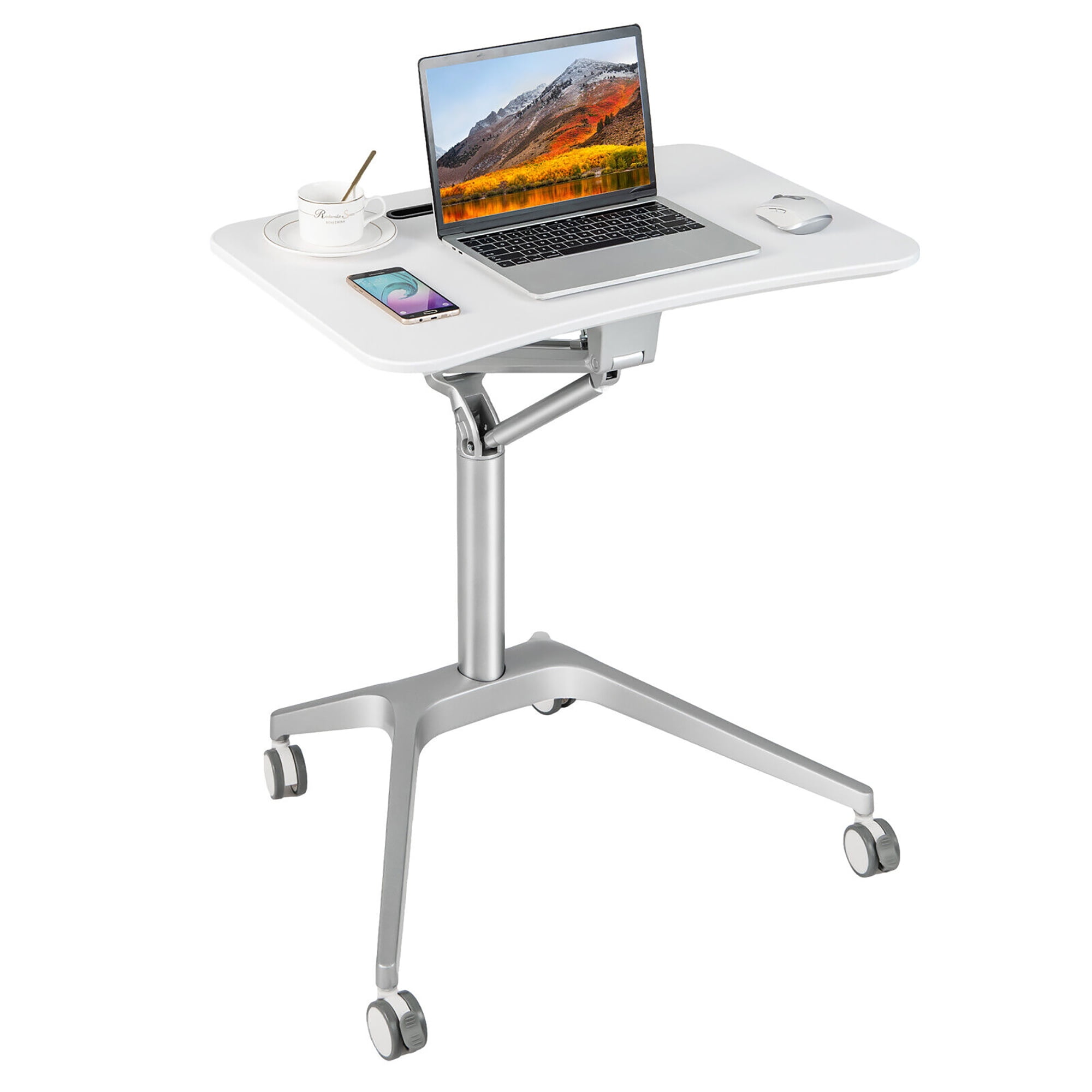 Gymax Pneumatic Standing Desk Rolling Adjustable Laptop Cart Mobile Podium w Slot