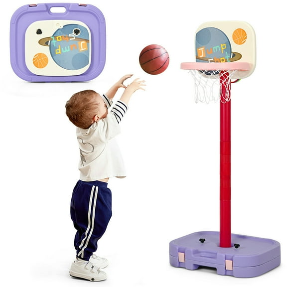 Gymax Portable 2 in 1 Kids Basketball Hoop Stand w/ Ring Toss & Storage Box Purple