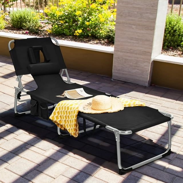 Gymax Portable Beach Chaise Lounge Chair Folding Reclining Chair w/ Facing Hole Black