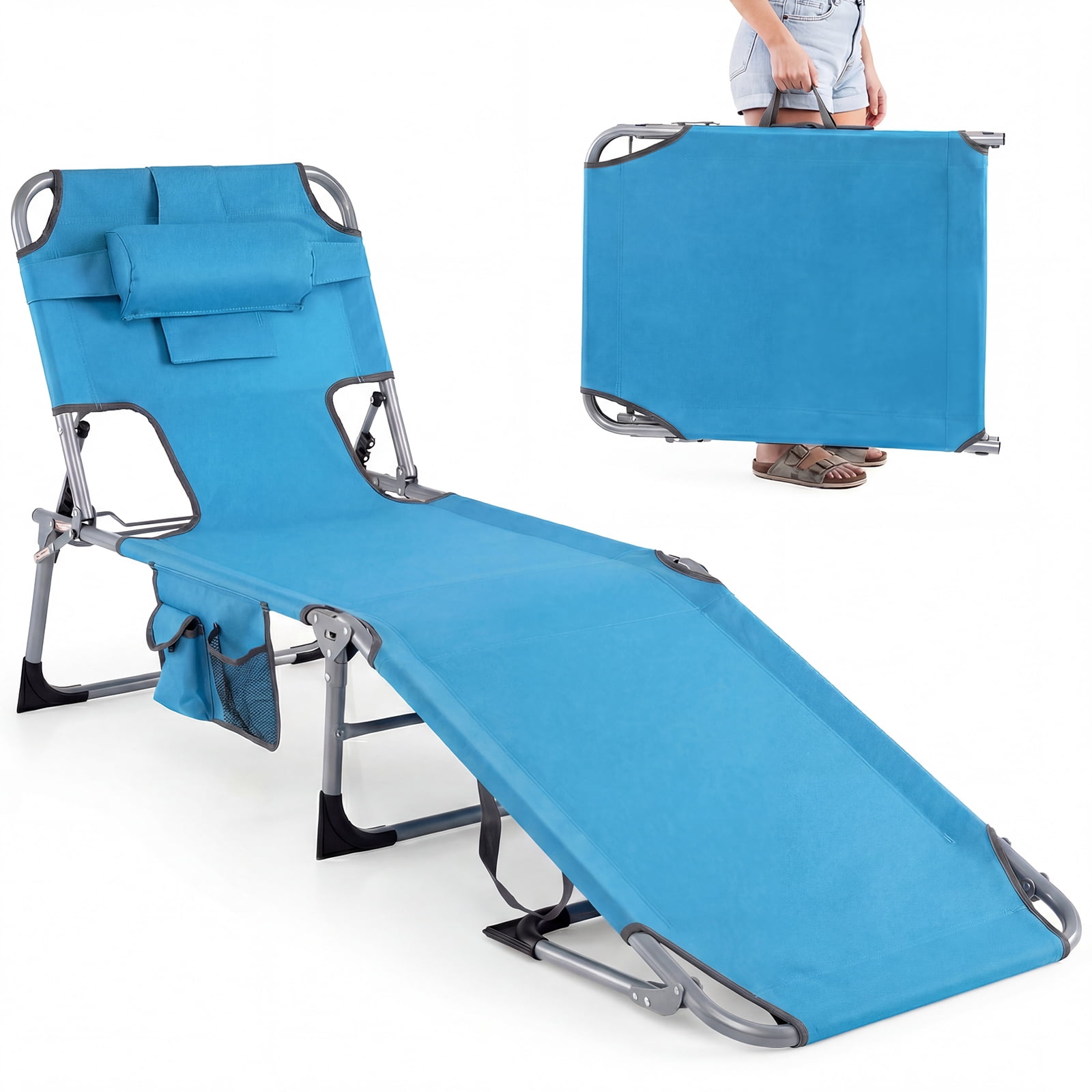 Gymax Tanning Chair w/ Face & Arm Holes Folding Chaise Lounge Beach Chair w/ Adjustable Backrest Blue